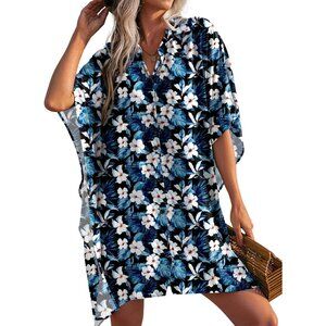 Women Dark Blue Sleeve Beachwear Bikini Button Down Oversized Floral Shirt